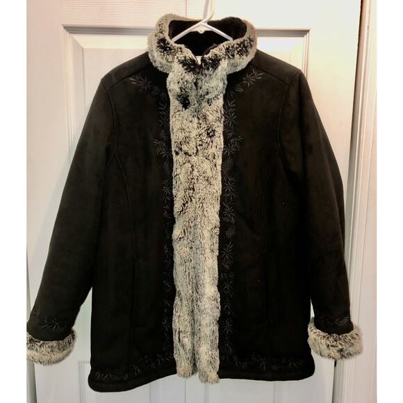 LLBean Warm  Black Faux Suede Embroidered Coat‎ Women's Size M - Picture 9 of 11